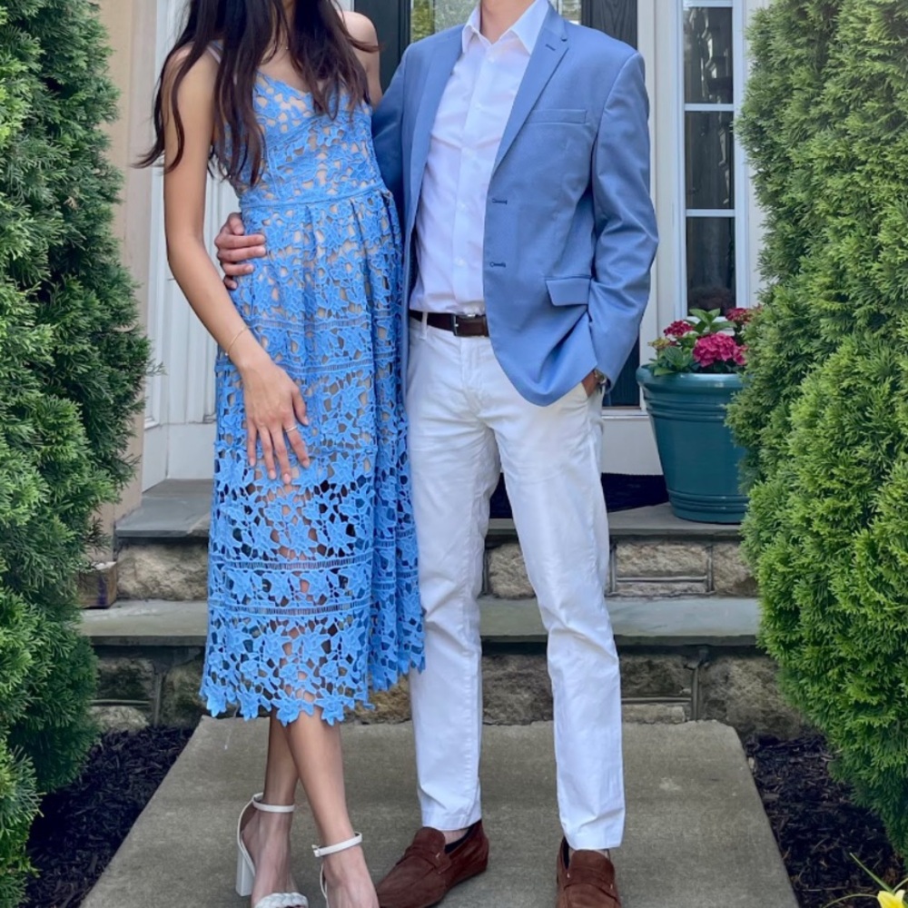 blue eyelet midi dress